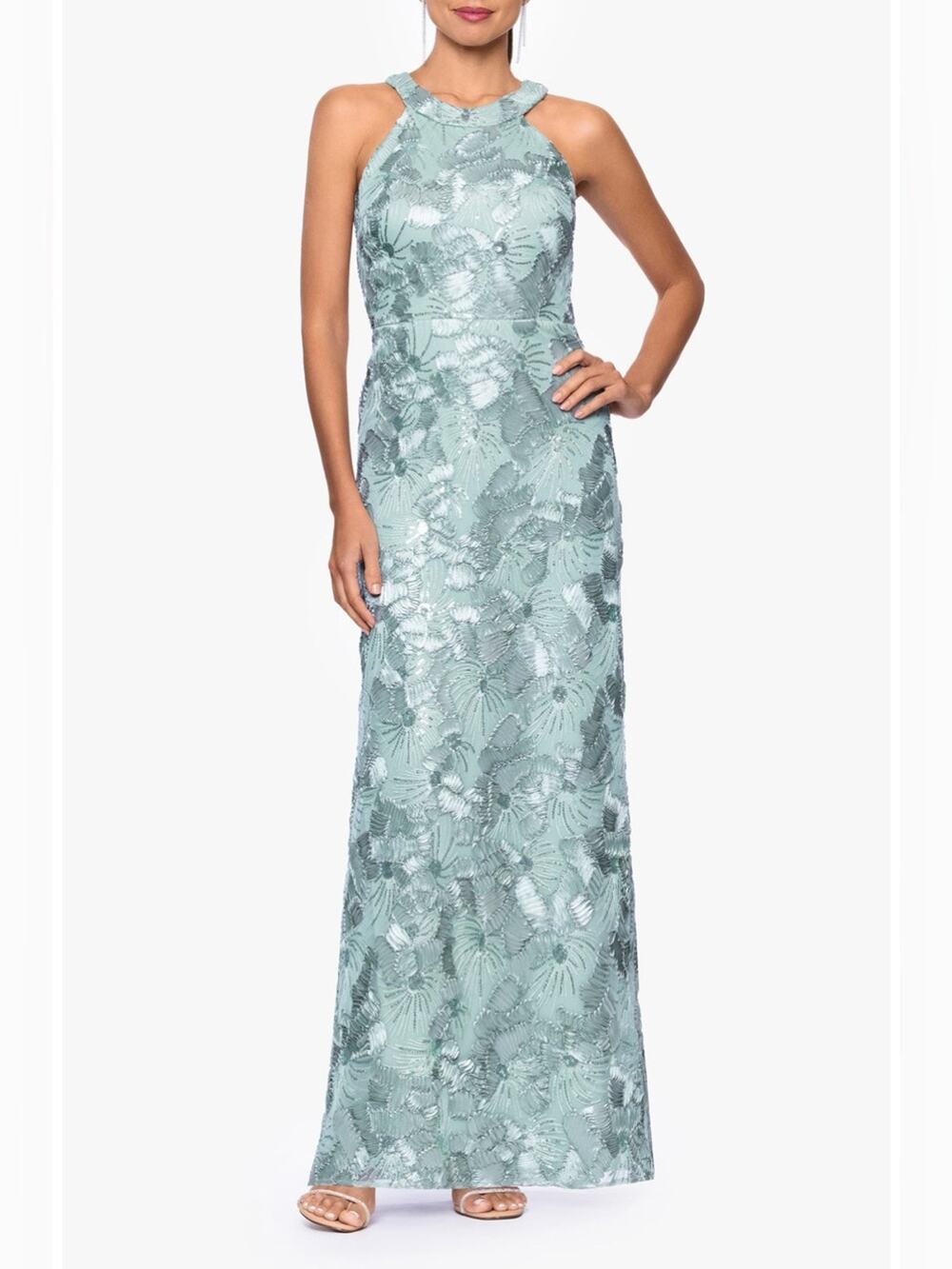 Betsy & Adam Sequin Floral Sleeveless Gown 12